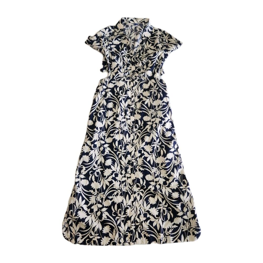 Old Navy Floral Navy White Print Shirt Dress Side Cut Out Nautical Tropical SZ M
